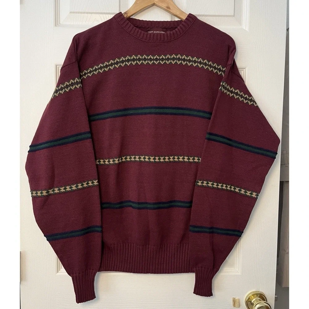 Vintage Chaps Ralph Lauren Sweater Mens‎ M Burgundy Striped Cotton Preppy USA